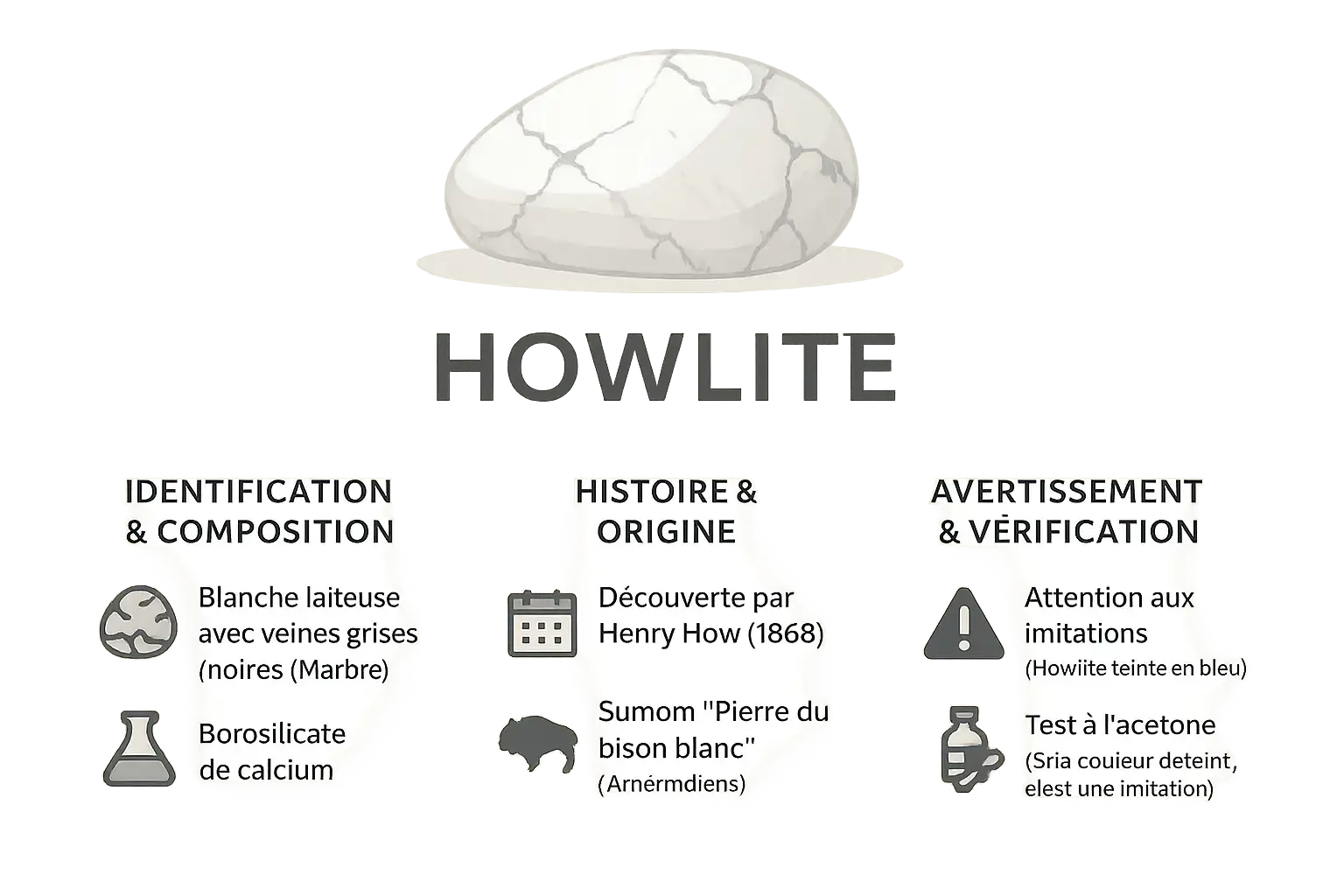 Bien-être Howlite vertus : Calme émotionnel et bien-être quotidien Illustration de la pierre howlite avec ses veines grises sur fond blanc