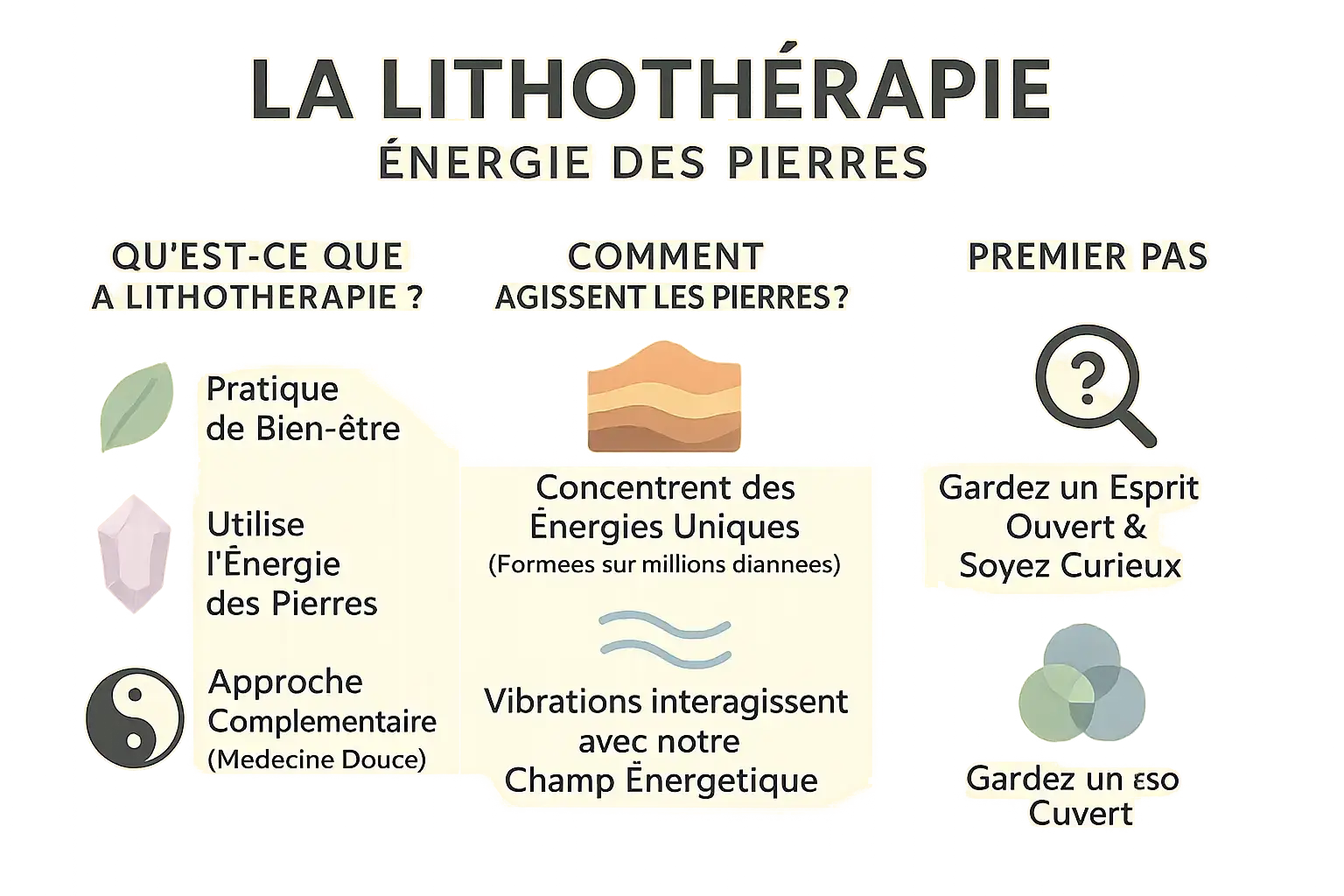 Bien-être Découvrez les vertus des pierres et la lithothérapie Infographie sur les principes clés de la lithothérapie