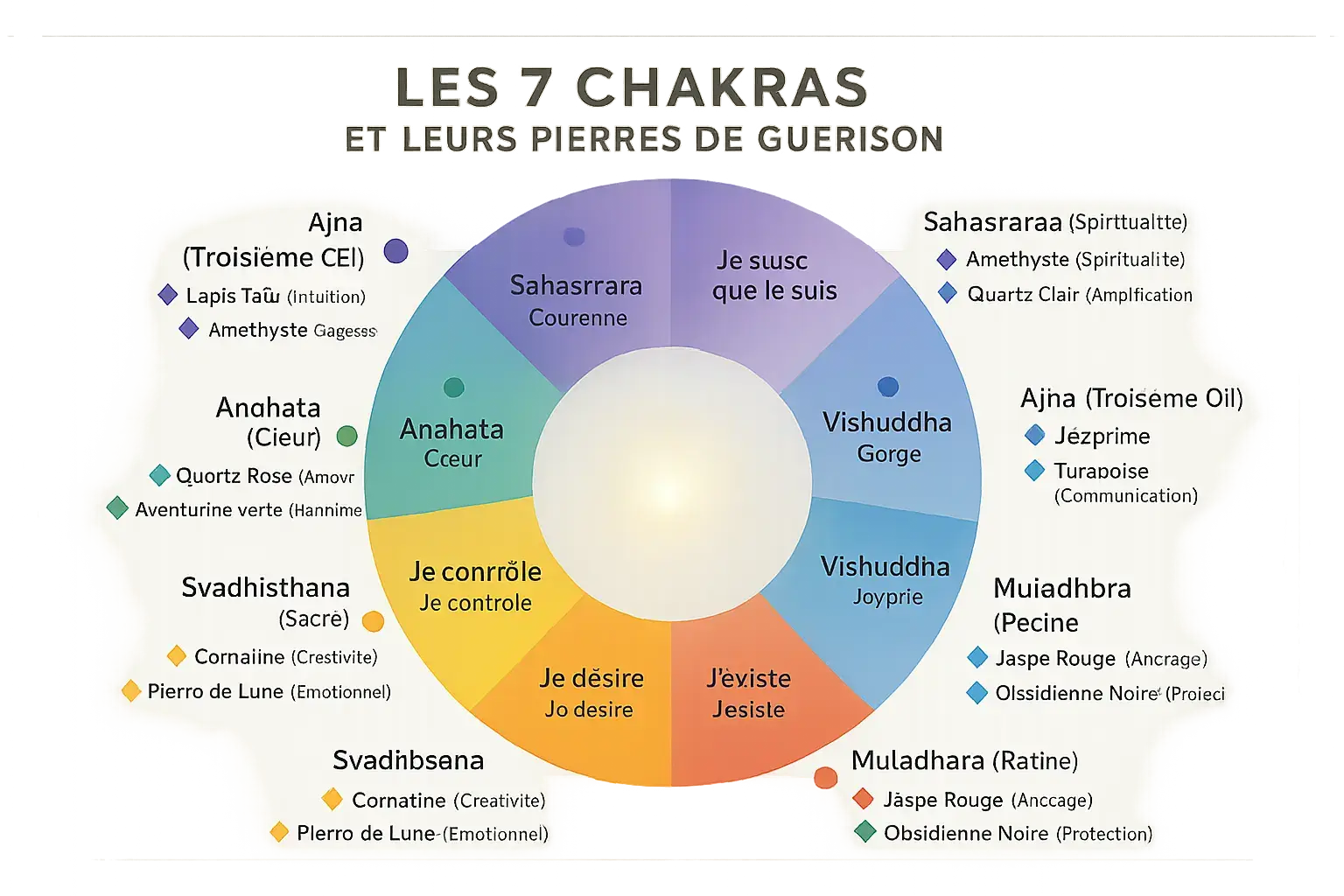 Schéma des 7 chakras et leurs pierres associées