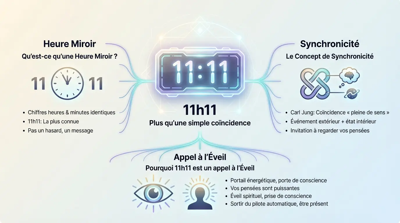 Horloge affichant l'heure miroir 11h11, symbole de synchronicité et d'éveil spirituel