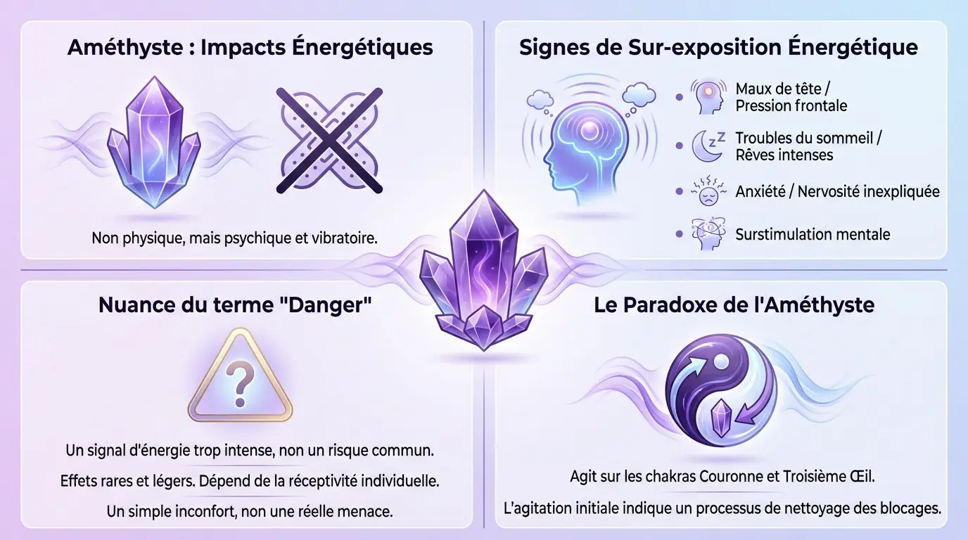 Illustration des effets énergétiques paradoxaux de l'améthyste sur le mental