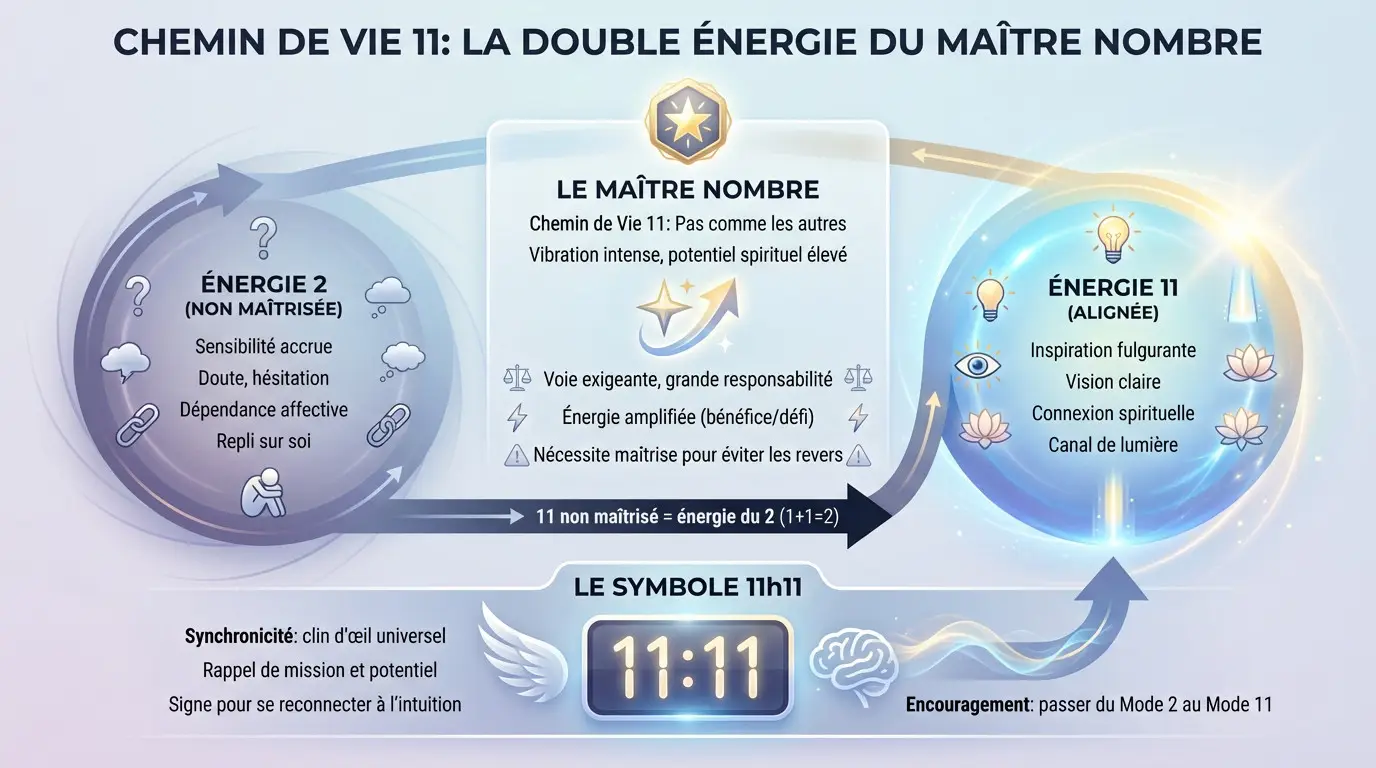 Voyance et médiumnité Chemin de vie 11 : Les secrets de ce nombre maître Illustration symbolique du chemin de vie 11 montrant la dualité entre intuition spirituelle et ancrage terrestre