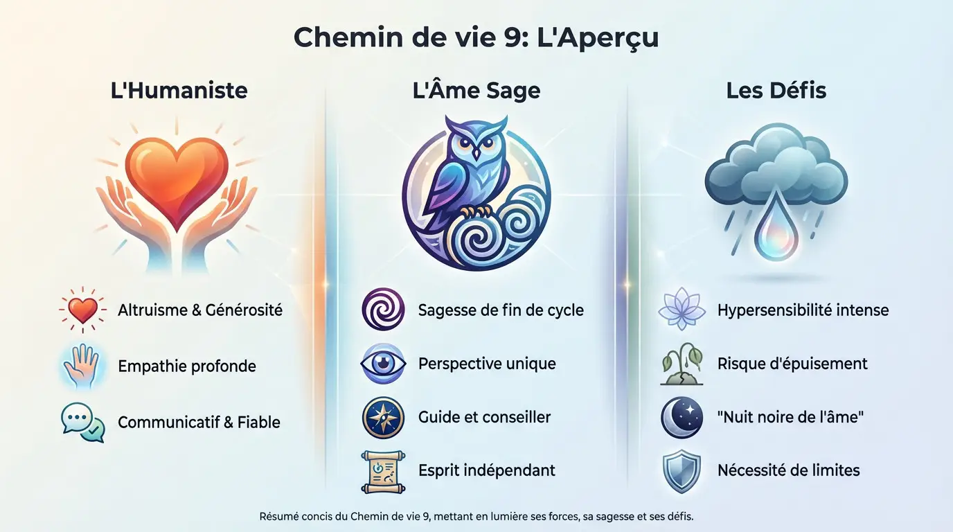 Voyance et médiumnité Chemin de vie 9 : Les secrets de l'âme sage et altruiste Illustration symbolique du chemin de vie 9 représentant la sagesse et l'altruisme
