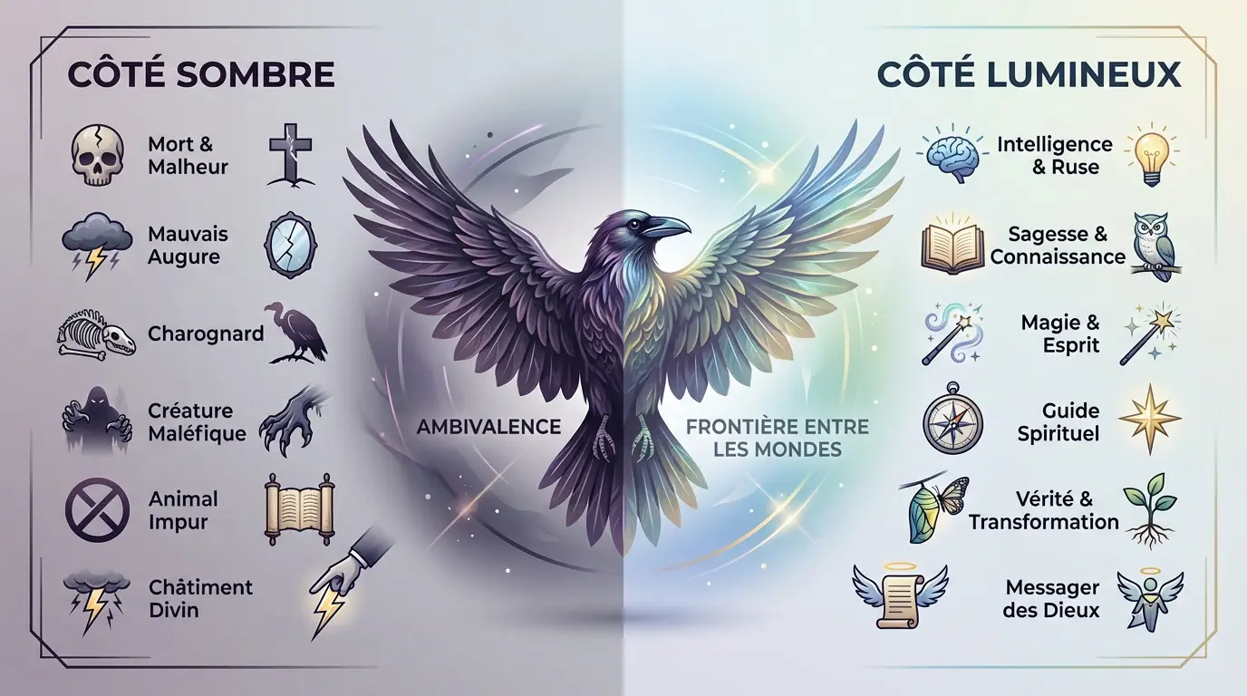 Voyance et médiumnité Corbeaux signification : interprétez ce puissant présage Infographie illustrant la dualité symbolique du corbeau entre mort et sagesse