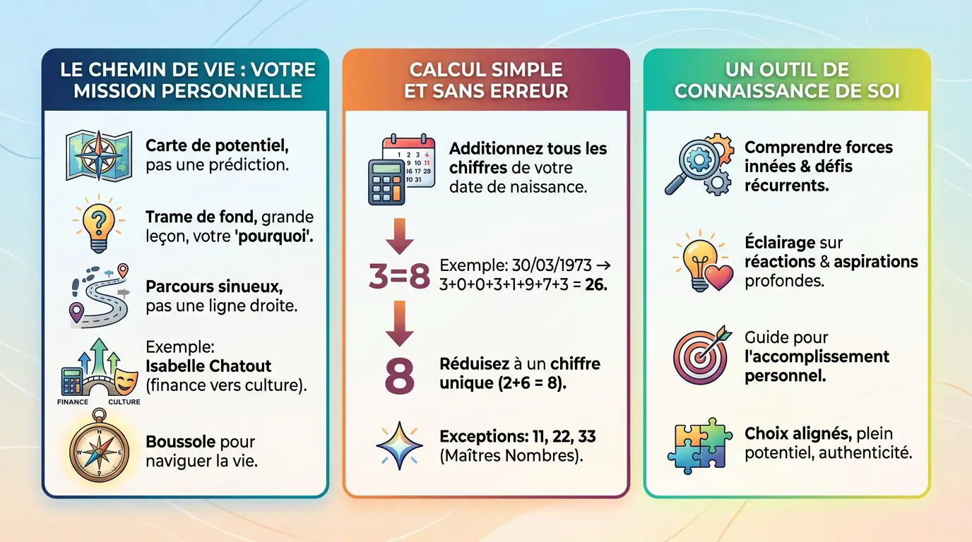 Voyance et médiumnité Chemin de vie : calcul et signification de votre mission Illustration symbolique du chemin de vie et du calcul numérologique