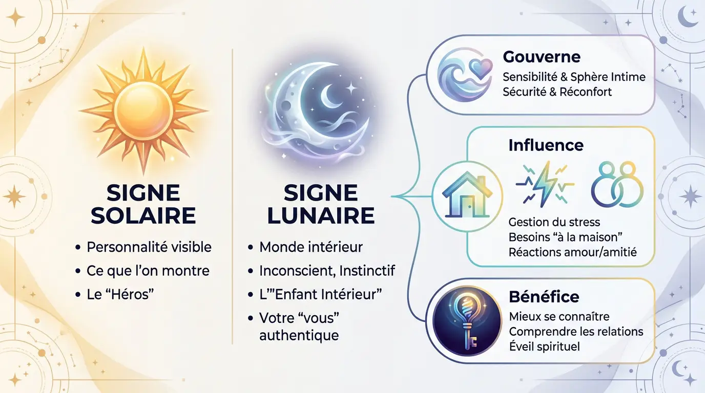 Schéma comparatif entre le signe solaire et le signe lunaire illustrant la personnalité visible et le monde intérieur